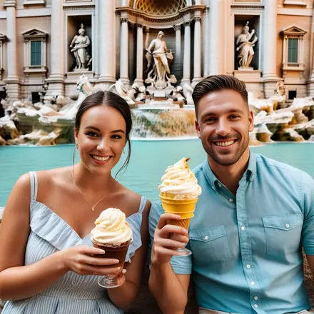 A couple enjoying gelato in front of the Trevi Fountain in Rome. A couple enjoying gelato in front of the Trevi Fountain in Rome.
