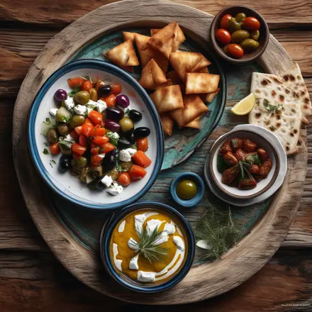 A close-up of traditional Greek mezze dishes on a rustic wooden table. A close-up of traditional Greek mezze dishes on a rustic wooden table.