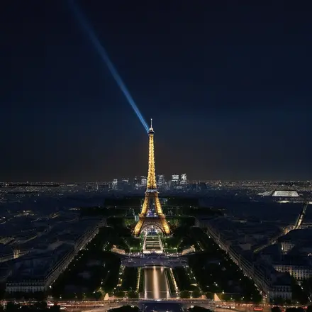 A panoramic view of the Eiffel Tower at night, illuminated against the Parisian skyline. A panoramic view of the Eiffel Tower at night, illuminated against the Parisian skyline.