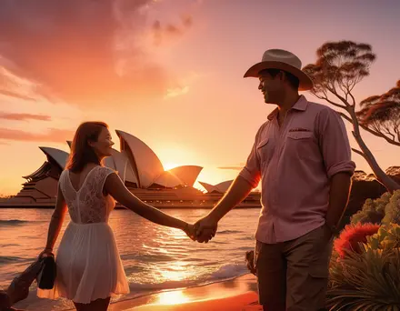 man shaking hands with lady at sunset opera house in background