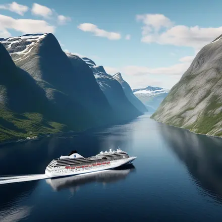 An aerial shot of the Norwegian fjords with a cruise ship for scale An aerial shot of the Norwegian fjords with a cruise ship for scale
