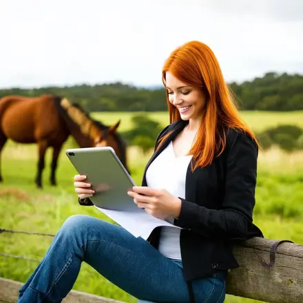 Woman reviewing horse purchase loan terms on a tablet