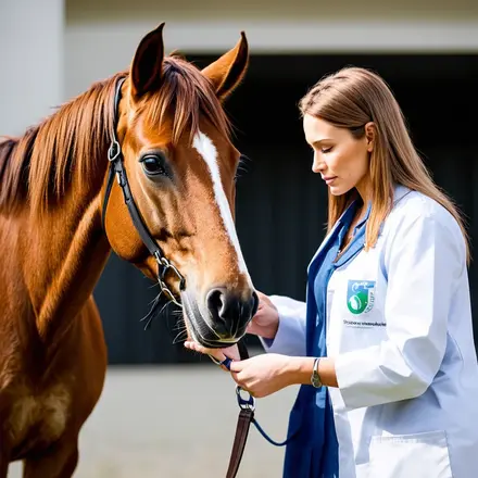 Veterinarian examining a horse with owner present