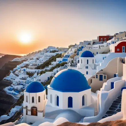 A stunning sunset over Santorini, Greece, with whitewashed buildings and blue domes. A stunning sunset over Santorini, Greece, with whitewashed buildings and blue domes.
