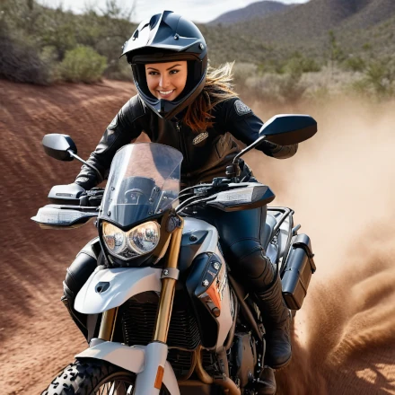 A woman riding an adventure motorcycle on a dirt trail