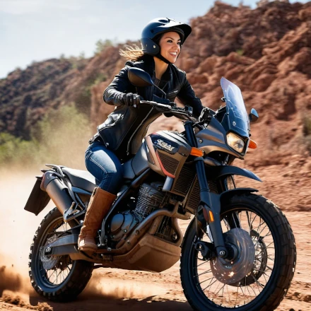 A woman riding an adventure motorcycle on a dirt trail