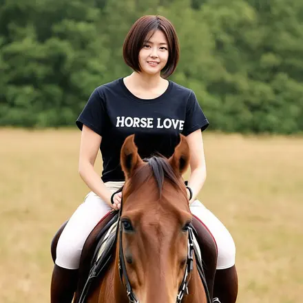 lady on horse with black tee shirt saying horse love