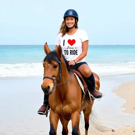 lady on horse with white tee shirt I love to Ride