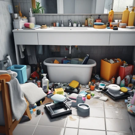 A cluttered bathroom with various items scattered on the counter and floor