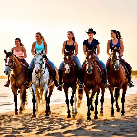 Group of women enjoying horseback riding on an Australian beach
