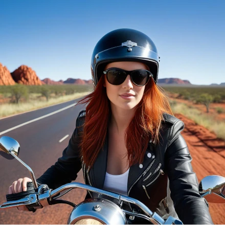 A woman riding a Harley-Davidson motorcycle on a scenic road