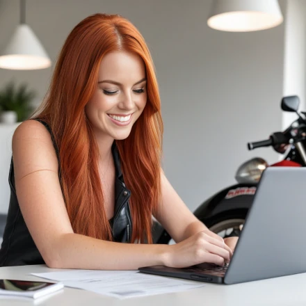 A woman smiling while filling out an online motorcycle loan inquiry application