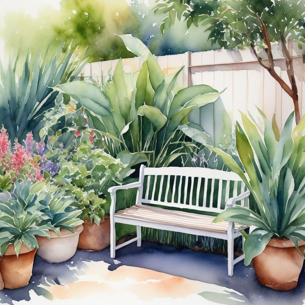 A tranquil water feature surrounded by native Australian plants, with a small seating area nearby