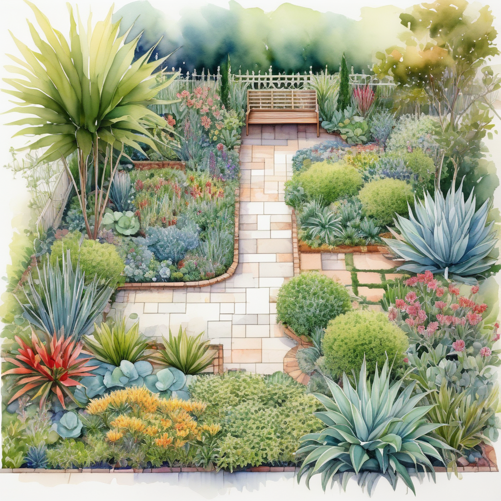 A detailed layout plan for an Australian plant garden, showcasing plant placement, paths, and seating areas