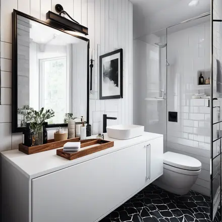space-saving bathroom fixtures including wall-mounted toilet and corner sink