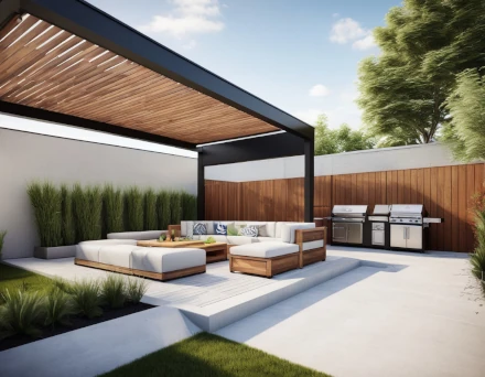 outdoor living area BBQ, pergola, funiture