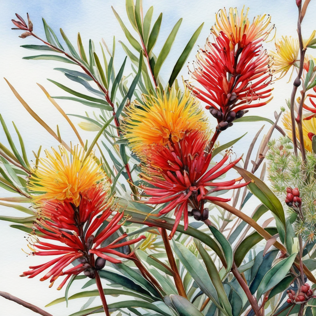A colorful display of native Australian plants, including kangaroo paw, grevillea, and banksia
