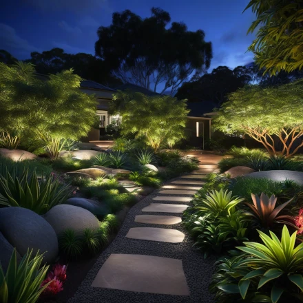 A beautifully lit Australian native garden at night, showcasing the importance of good landscape lighting in garden design