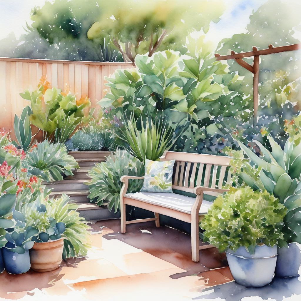 A charming seating area nestled within an Australian plant garden, featuring a wooden bench and a small patio