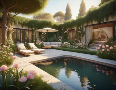 pool, with outdoor furnitue and flowers