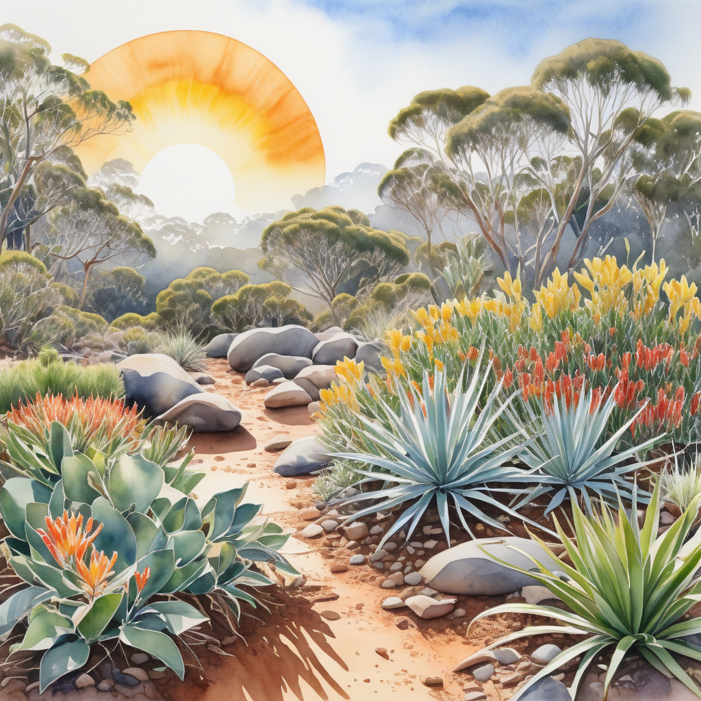 A beautifully designed Australian garden showcasing a variety of textures and colors, with a winding path leading through the landscape