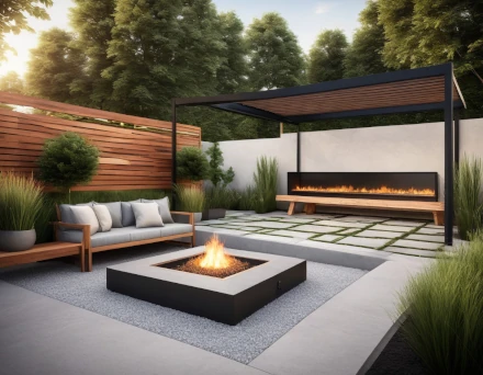 Outdoor Patio Area in Renovated back yard, fire pit