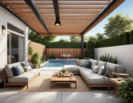 Outdoor Patio Area in renovated backyard, covered patio are view of pool