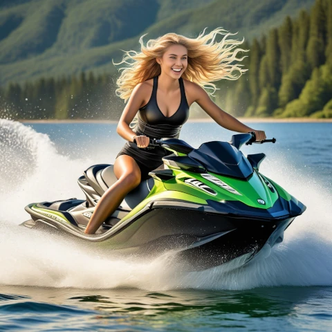 Female Jet Ski Rider in black, green jet ski