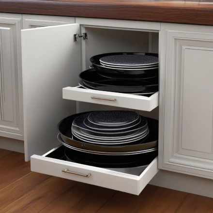 A cabinet with pull-out organizers and a lazy Susan