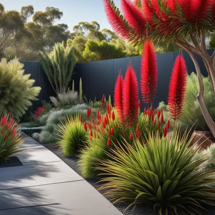 A collection of vibrant Australian native plants including Kangaroo Paws, Banksia, and Bottle Brush arranged in a modern garden setting