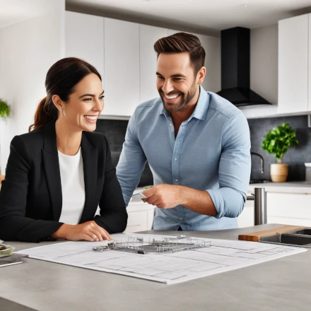A happy couple discussing their kitchen renovation plans with a Find That Finance representative