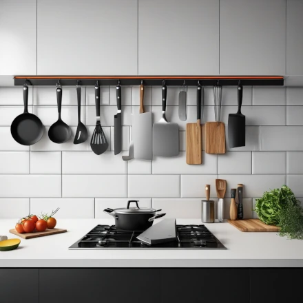 A kitchen wall with a magnetic knife strip and hanging utensils