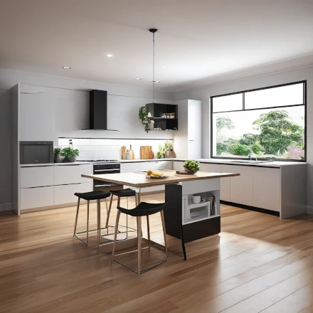 A kitchen with a collapsible island and drop-leaf table