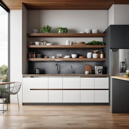 A kitchen with open shelves and decorative storage containers