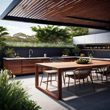 A modern outdoor kitchen and dining area featuring native Australian hardwood furniture and surrounded by fragrant native plants