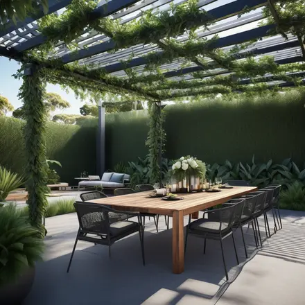 A modern pergola covered in native vines, creating a shaded outdoor dining area in an Australian garden