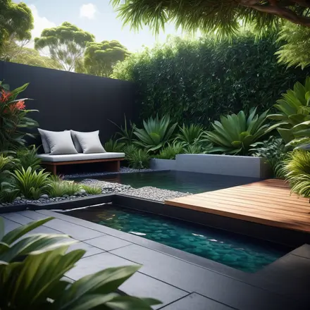 A secluded garden nook featuring a comfortable outdoor lounge area and a modern water feature, surrounded by native Australian plants