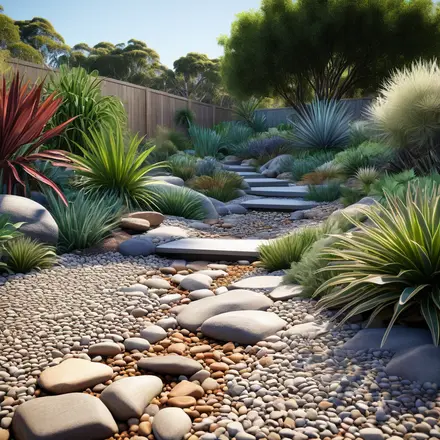A water-wise Australian garden featuring a dry creek bed with native plants and permeable surfaces