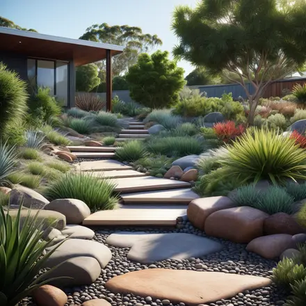A winding path made of natural stone, bordered by native Australian grasses and ground covers, leading through a modern garden