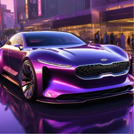 Purple Kia driving through city
