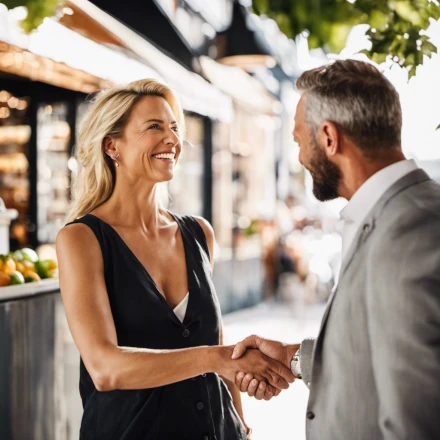 A small business owner shaking hands with a Find That Finance representative, finalizing a commercial vehicle loan agreement