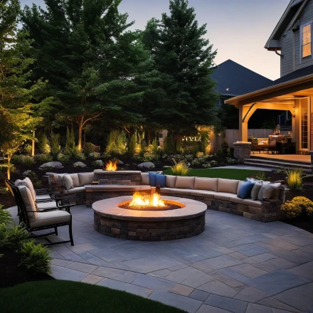 backyard with fire pit, early evening, newly renovated