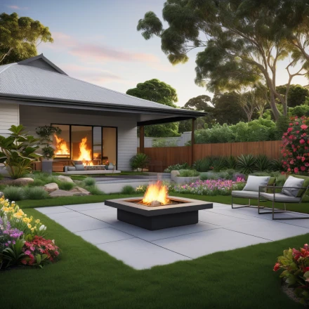 backyard that has been landscaped and renovated with new fire pit
