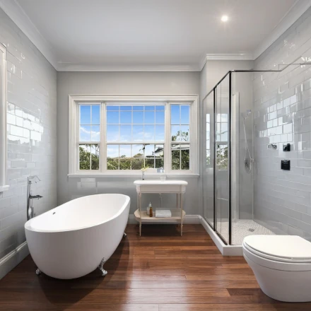 A renovated bathroom with a spa-like atmosphere and ample storage