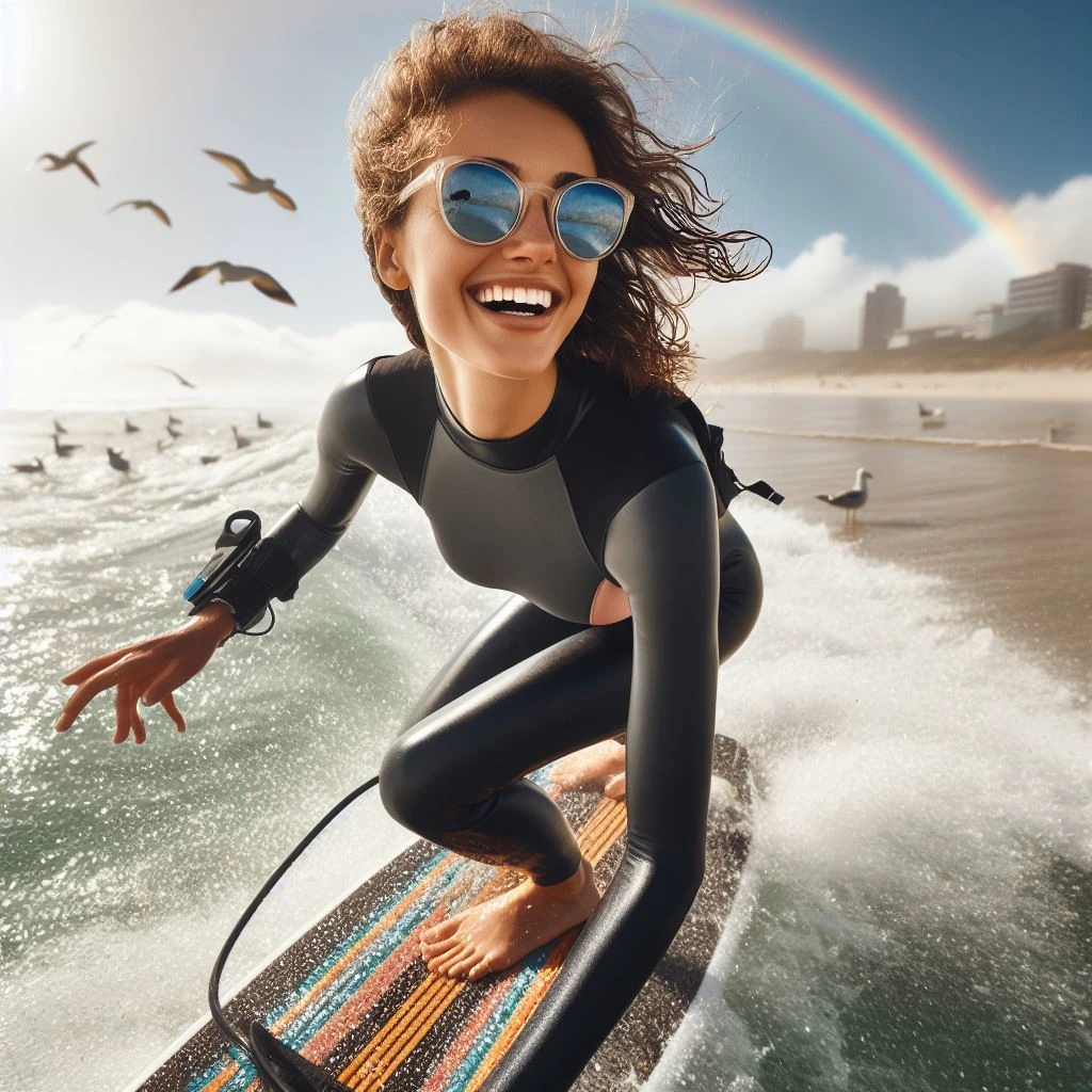 Lady riding on electric body board in surf