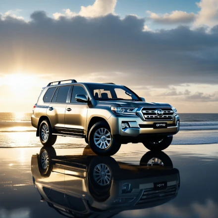 gold Suv or 4X4 on beach with sun light effect