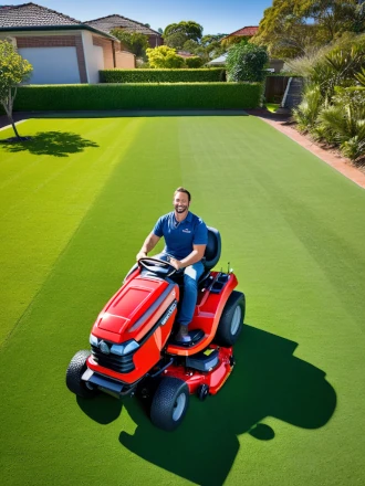 man sitting on a red ride on mower, large lawn